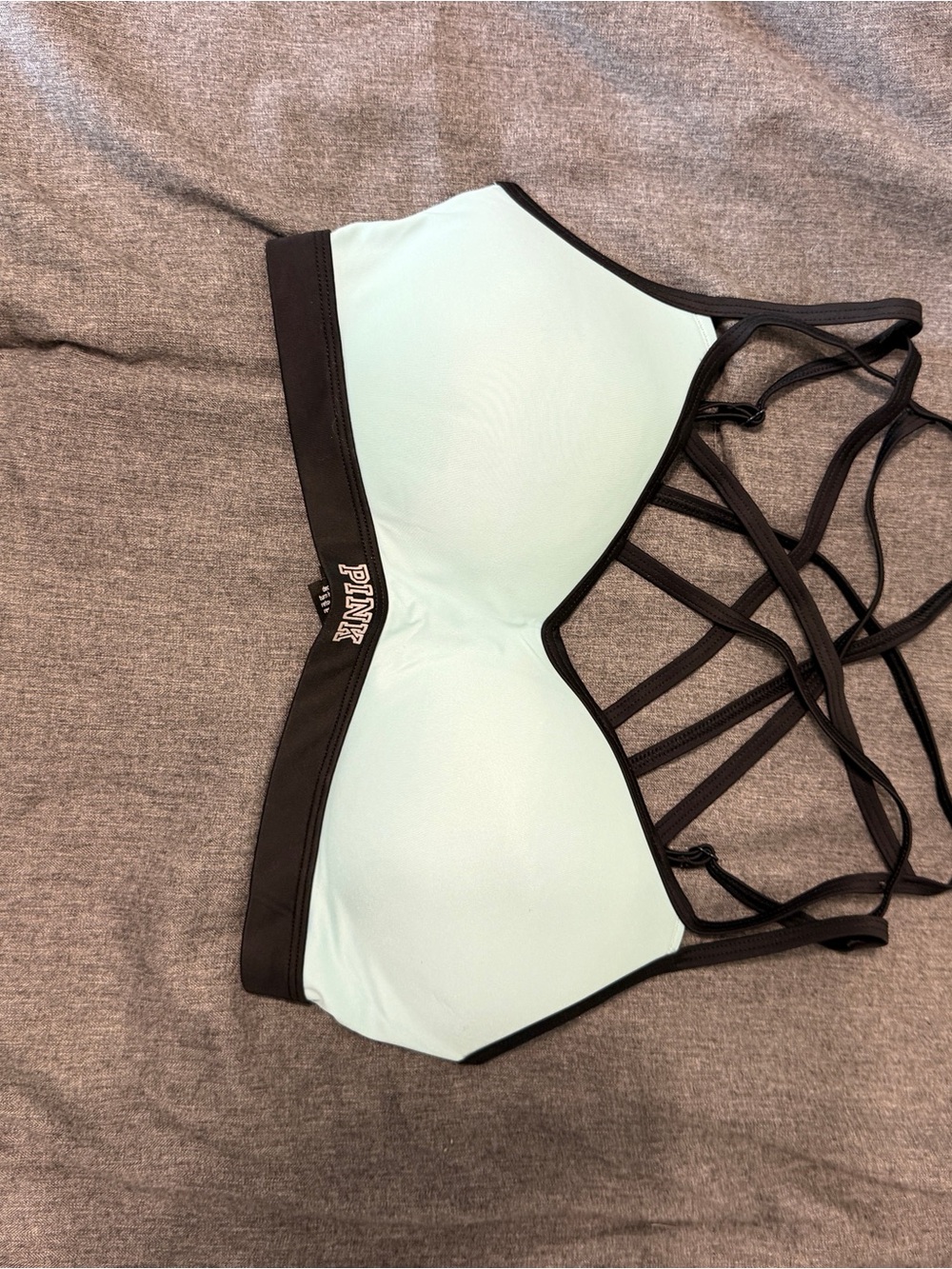PINK Victoria's Secret Light Aqua Strappy Back Sports Bra with Black Trim